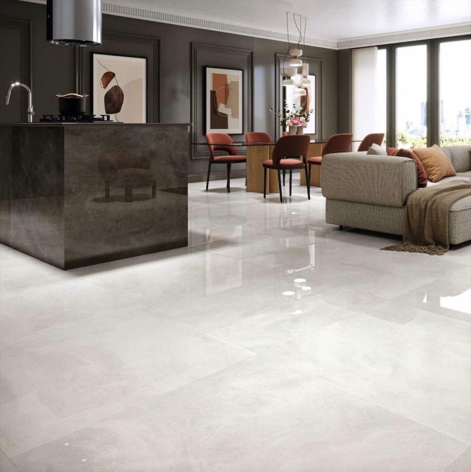 Large-format porcelain floor tile in a bright Sarasota coastal living room