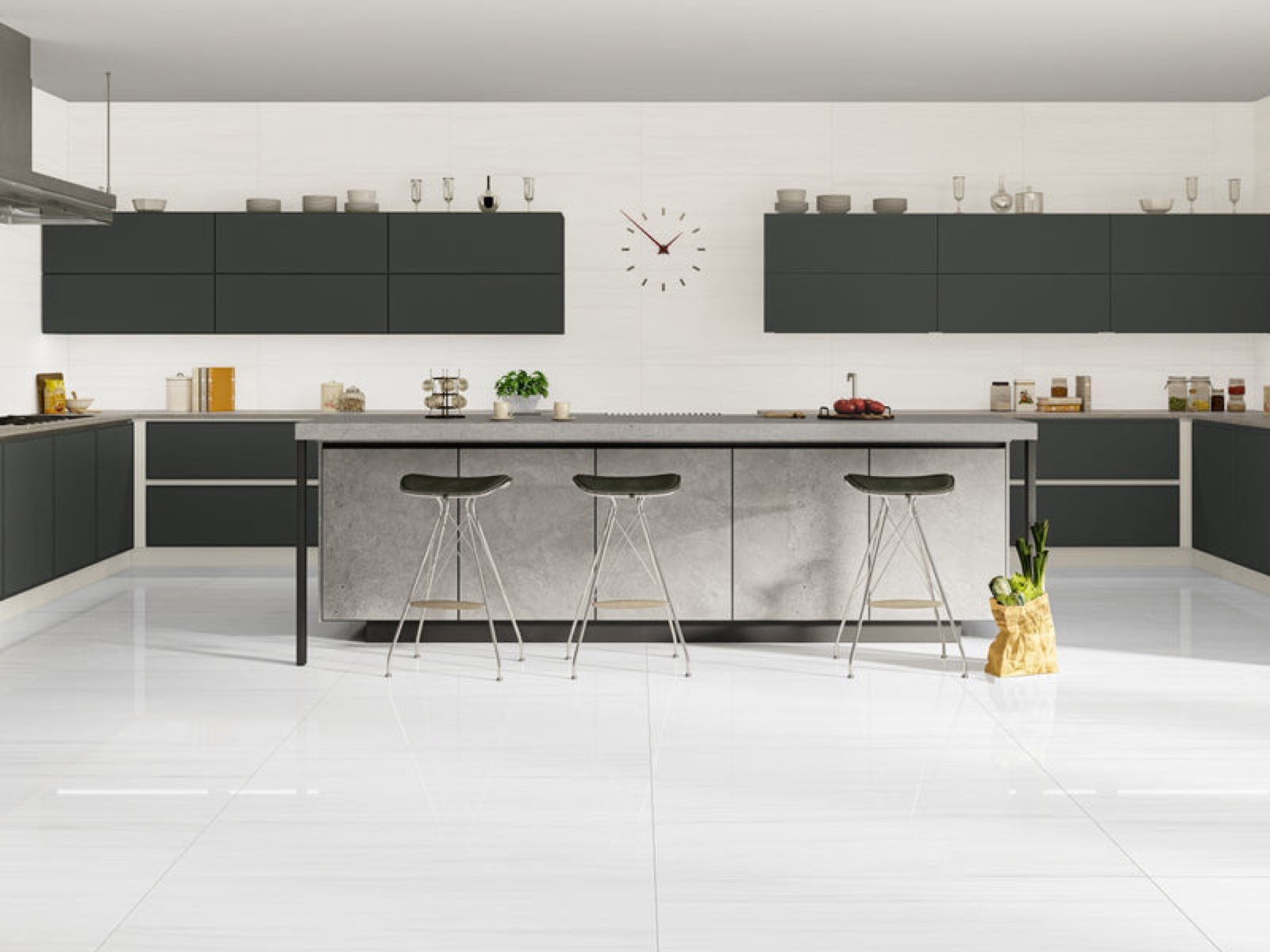Bright large-format tile floor in a modern kitchen