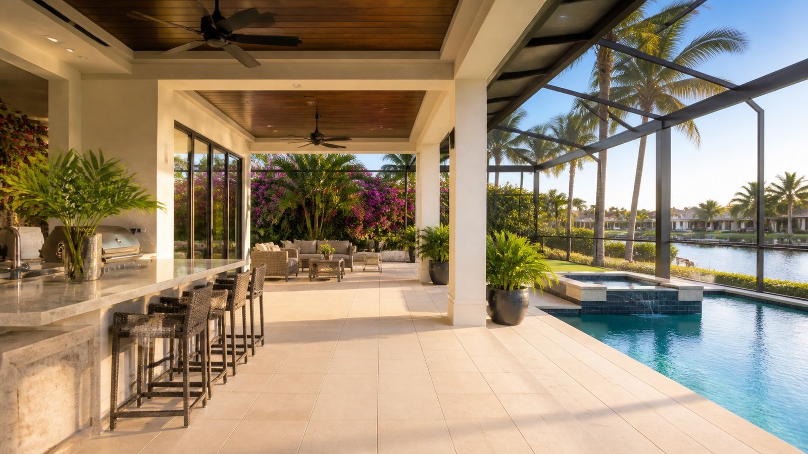 Slip-resistant porcelain tile on a covered Sarasota lanai beside a pool