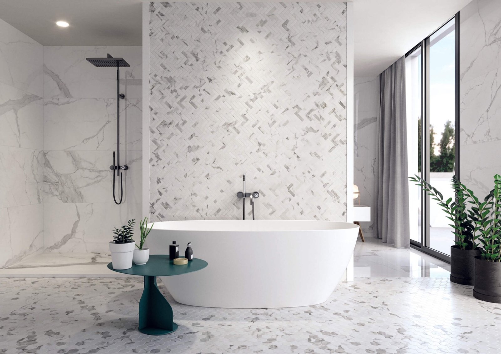 Luxury tiled walk-in shower with sea-glass accent in a Sarasota bathroom